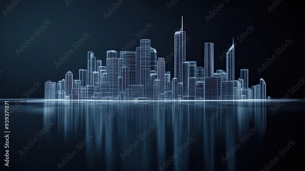 Fototapeta premium Wireframe cityscape reflected on a river, merging reality with digital elements