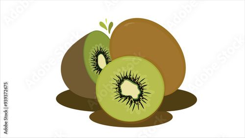 Tropical kiwi fruit in peel cut. Juicy pulp of exotic green kiwi. Fruit icon on white background
