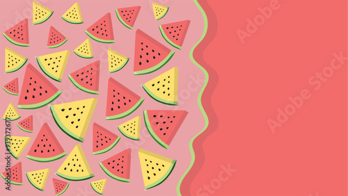 Triangular pieces of juicy watermelon with seeds, different varieties of watermelon with red and yellow pulp on a pink background. Place for text next to 2D flat lay pieces of watermelon