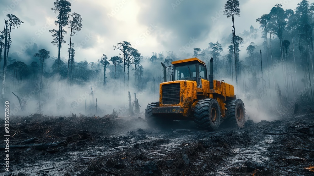 dramatic scene of deforestation heavy machinery felling ancient trees stark contrast between lush forest and barren cleared land smoky atmosphere dramatic scene of deforestation heavy machinery felling ancient trees stark contrast between lush forest and barren cleared land smoky atmosphere