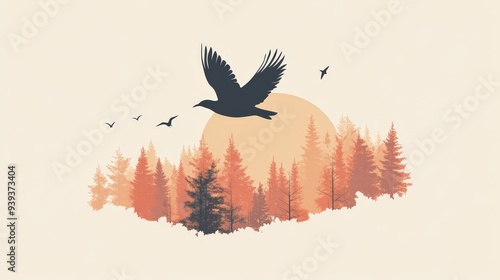 A bird flying over a protected forest, symbolizing wildlife conservation in a clean, minimalist design. photo