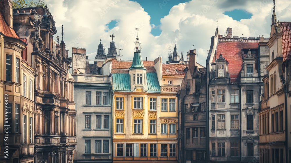 Fototapeta premium Scenic view of historic European buildings under a vibrant blue sky with fluffy clouds, showcasing beautiful architecture and charm.