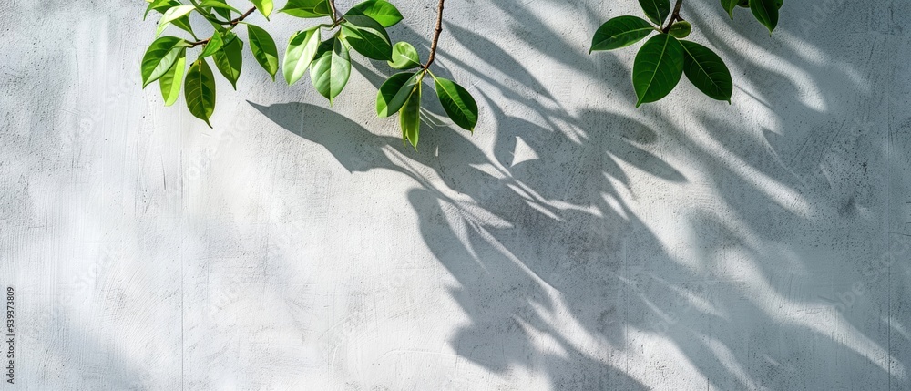 © Inlovehem - Green leaves casting shadows on a light grey concrete wall, creating a natural and serene atmosphere.