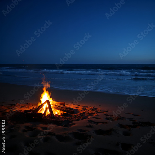 Bonfire on the Beach at Night with Ocean Waves Under the Starry Sky