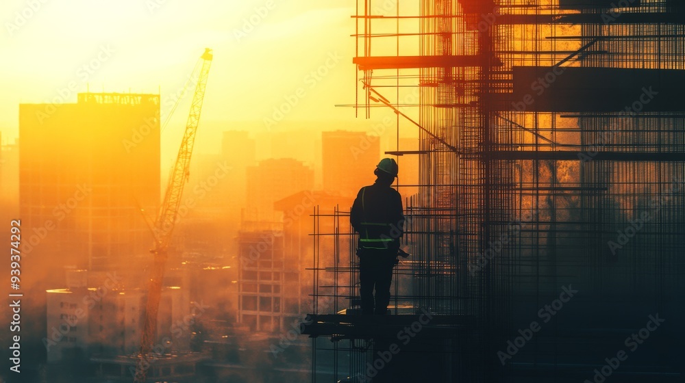 Silhouette of a construction worker on scaffolding at sunrise, with city buildings and cranes in the background. Silhouette of a construction worker on scaffolding at sunrise, with city buildings and cranes in the background.
