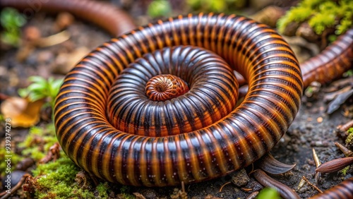 A graphidostreptus millipede's elongated body coils into a defensive spiral, its many legs tucked in, as it protects itself from potential threats on the forest floor. photo