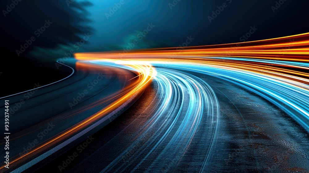 Long exposure of light trails on a curved road at night, capturing motion and speed with vibrant colors against a dark background. Long exposure of light trails on a curved road at night, capturing motion and speed with vibrant colors against a dark background.