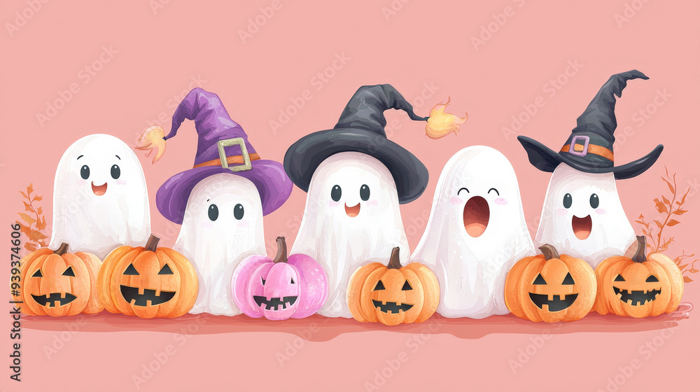 Fototapeta premium Cute cartoon Halloween characters, friendly ghosts and witches, pastel colors, child-friendly design, vector art style