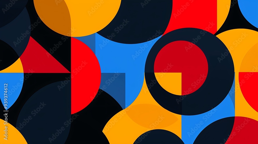 Bright geometric abstraction with overlapping Circles, triangles and squares in bold primary colors - red, blue and yellow. Black background Bright geometric abstraction with overlapping Circles, triangles and squares in bold primary colors - red, blue and yellow. Black background