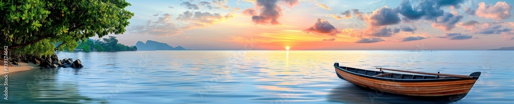 Serene tropical sunset over calm ocean waters with a wooden boat anchored near a lush green island. Serene tropical sunset over calm ocean waters with a wooden boat anchored near a lush green island.