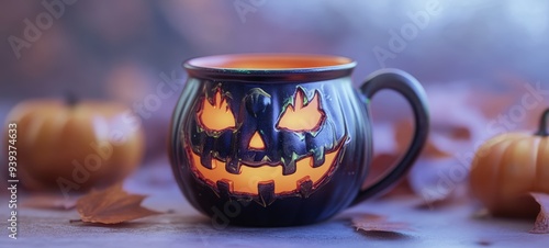 A Halloween-themed cauldron mug with a spooky design