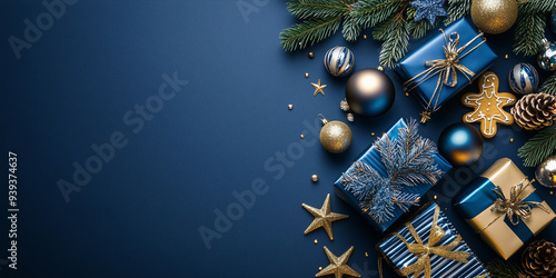 Elegant Navy and Gold Christmas Composition with Copy Space