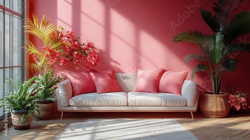 dreamy living room with soft pink walls and a plush pastel sofa ethereal natural light minimalist decor and potted plants creating a serene instagramworthy space photo