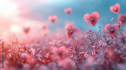 dreamy pastel landscape with floating hearts and delicate flowers soft focus background with space for text evoking motherly love and tenderness