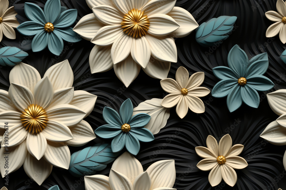 3D rendered image of white, blue and gold paper flowers and leaves on a black background. 3D rendered image of white, blue and gold paper flowers and leaves on a black background.