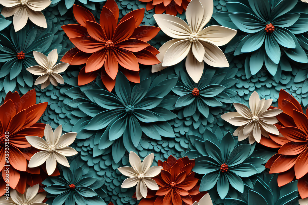 3D paper flowers in teal, white, and orange colors create a unique floral pattern. 3D paper flowers in teal, white, and orange colors create a unique floral pattern.