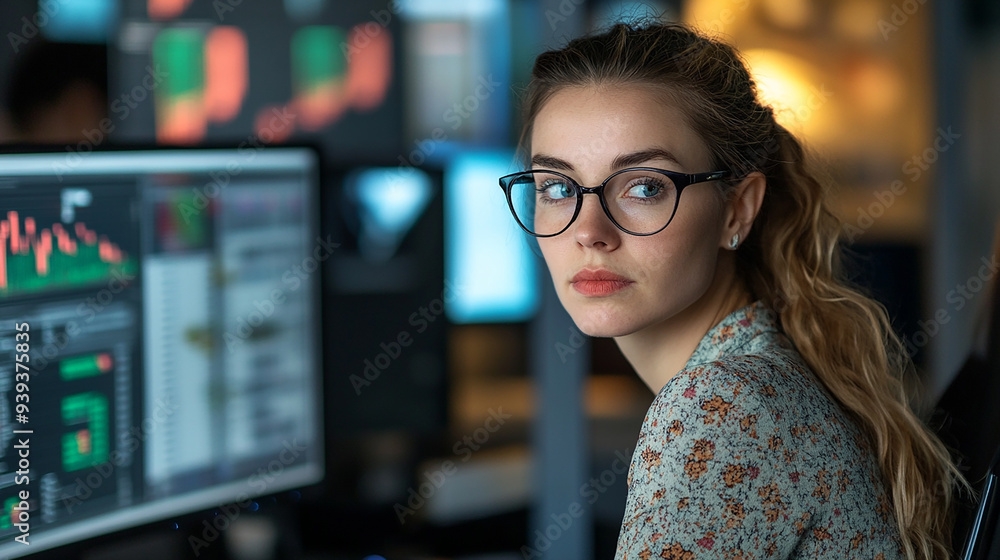 Businesswoman analyzing data on her computer in an office Businesswoman analyzing data on her computer in an office