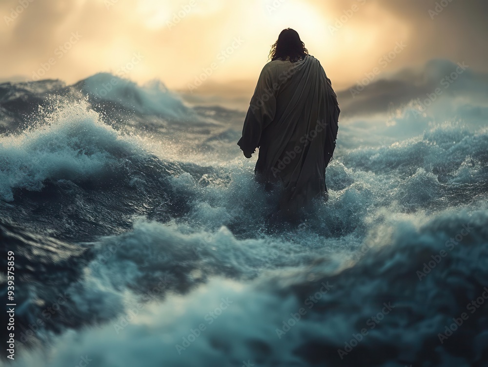 dramatic scene of jesus walking on turbulent sea waters during raging storm dramatic scene of jesus walking on turbulent sea waters during raging storm