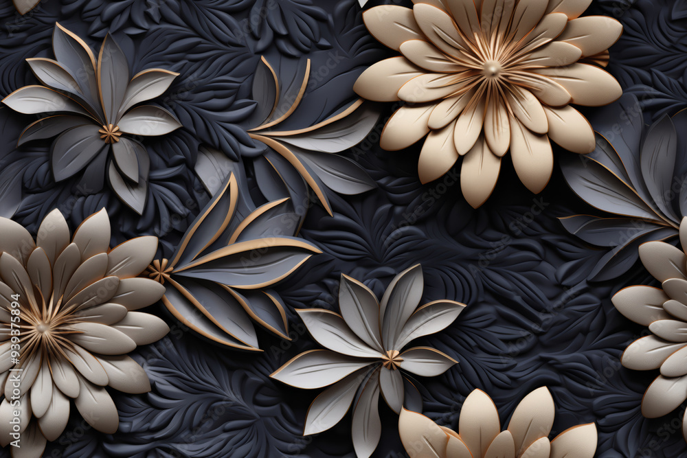 3D rendering of gold and white paper flowers on a black background with floral pattern. 3D rendering of gold and white paper flowers on a black background with floral pattern.