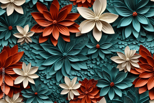 3D paper flowers in teal, white, and orange colors create a unique floral pattern.