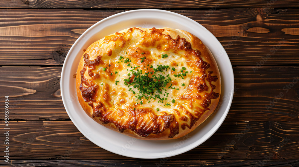 Delicious khachapuri with melted cheese and fresh herbs, served on a white plate on a rustic wooden table Delicious khachapuri with melted cheese and fresh herbs, served on a white plate on a rustic wooden table