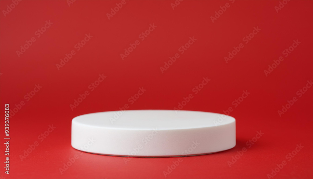 White ceramic podium. Scene for product presentation on red backdrop. White ceramic podium. Scene for product presentation on red backdrop.