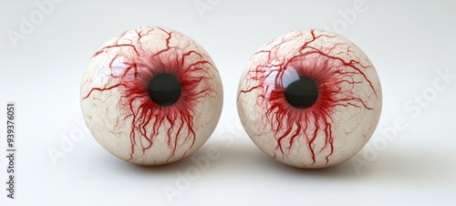 A pair of fake eyeballs with realistic red veins, placed on a clean white background for a creepy Halloween effect photo