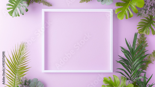 Create a professional studio composition with a white square frame, positioned centrally against a backdrop that is delicately divided into two shades of purple. photo