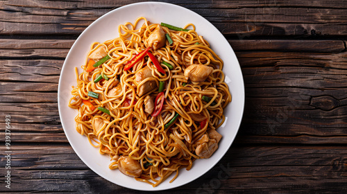 Classic asian noodle dish, chicken chow mein presented on a white plate atop a rustic wooden table