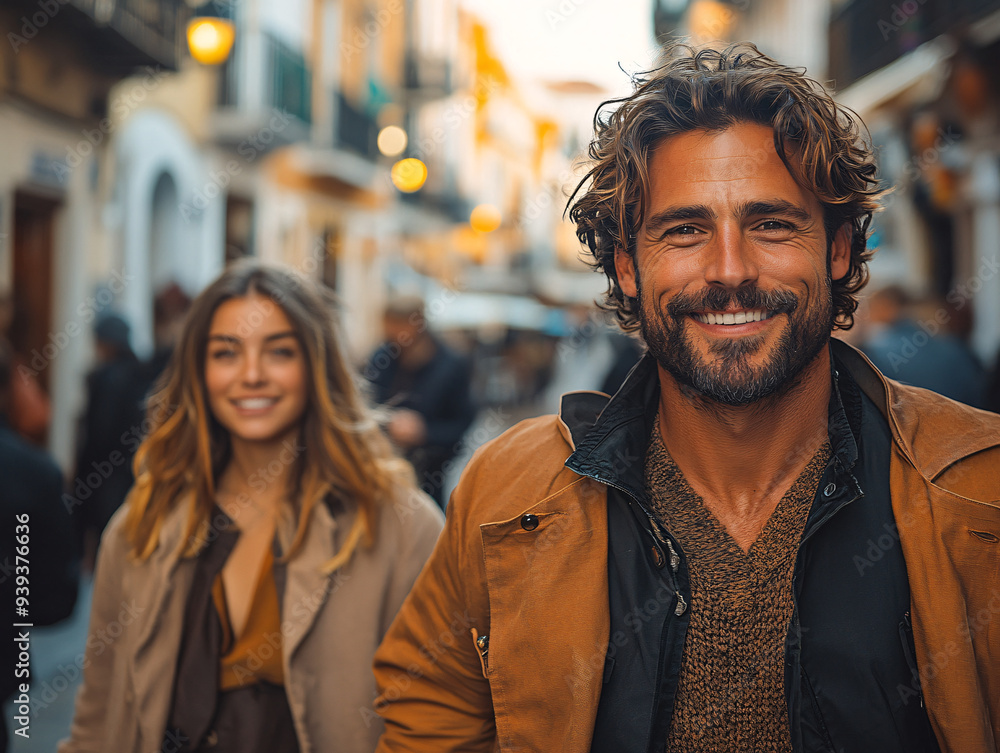 a beautiful couple walking through a street at sunset, with the man shirtless and the woman in a colorful dress. a beautiful couple walking through a street at sunset, with the man shirtless and the woman in a colorful dress.