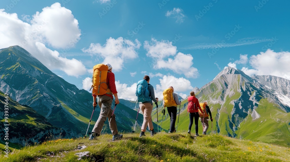Fototapeta premium Group of hikers with backpacks exploring scenic mountain landscape under a clear blue sky, enjoying adventure and nature together.