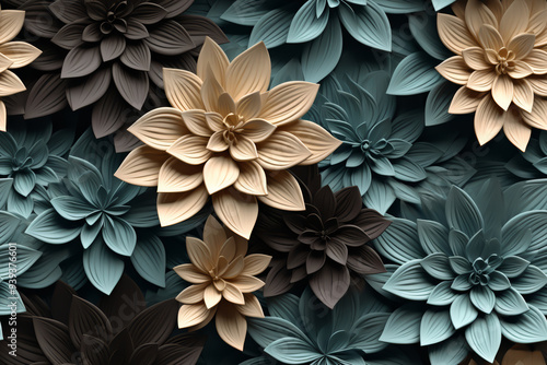 Wallpaper Mural A close-up of a floral pattern with beige, blue, and brown flowers. The flowers are arranged in a repeating pattern and overlap each other. The background is a dark brown color. Torontodigital.ca