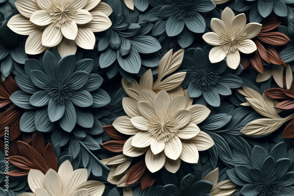 A close-up shot of a wall covered in 3D paper flowers in shades of teal, white, and brown. A close-up shot of a wall covered in 3D paper flowers in shades of teal, white, and brown.