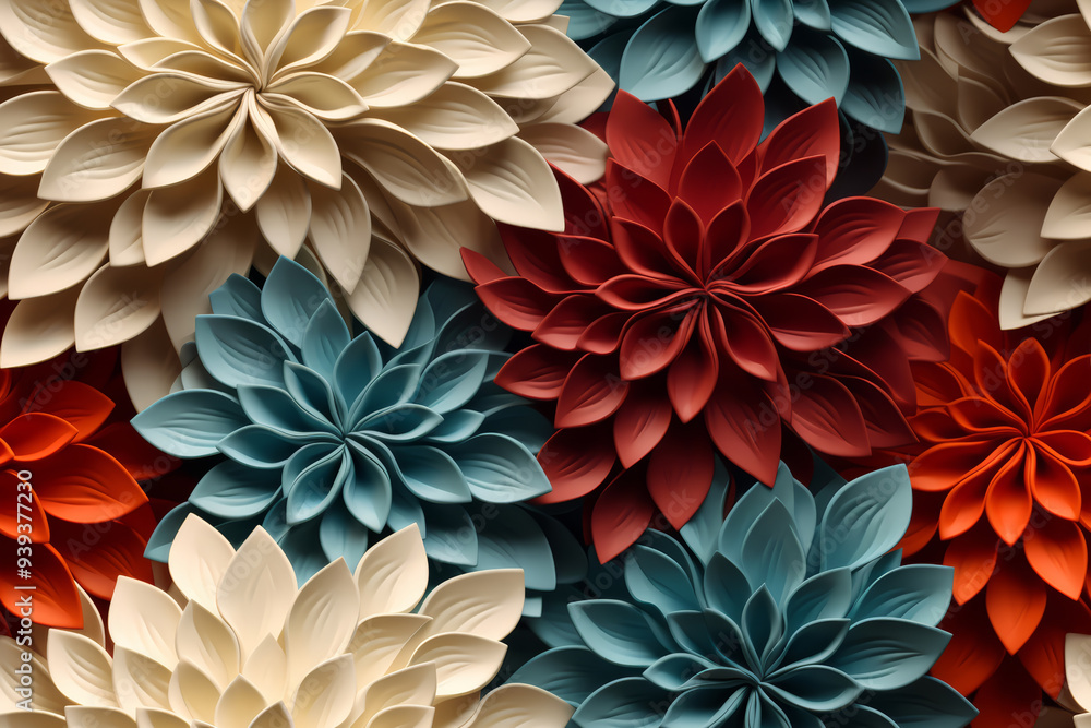 A close-up shot of an abstract, artistic, 3D floral pattern with blue, red, and cream paper flowers. A close-up shot of an abstract, artistic, 3D floral pattern with blue, red, and cream paper flowers.