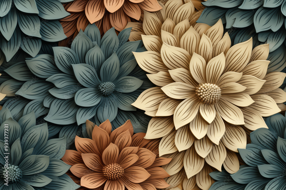 A close-up shot of paper flowers in blue, brown, and beige colors. The flowers are arranged in a repeating pattern, creating a beautiful and abstract floral design. A close-up shot of paper flowers in blue, brown, and beige colors. The flowers are arranged in a repeating pattern, creating a beautiful and abstract floral design.