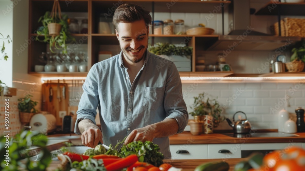 A young adult chopping vegetables in a modern kitchen smiling A young adult chopping vegetables in a modern kitchen smiling