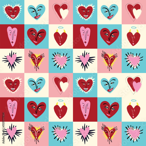 Valentines Day pattern with ugly funky hearts. Groovy cute love characters. Vector illustration in doodle style