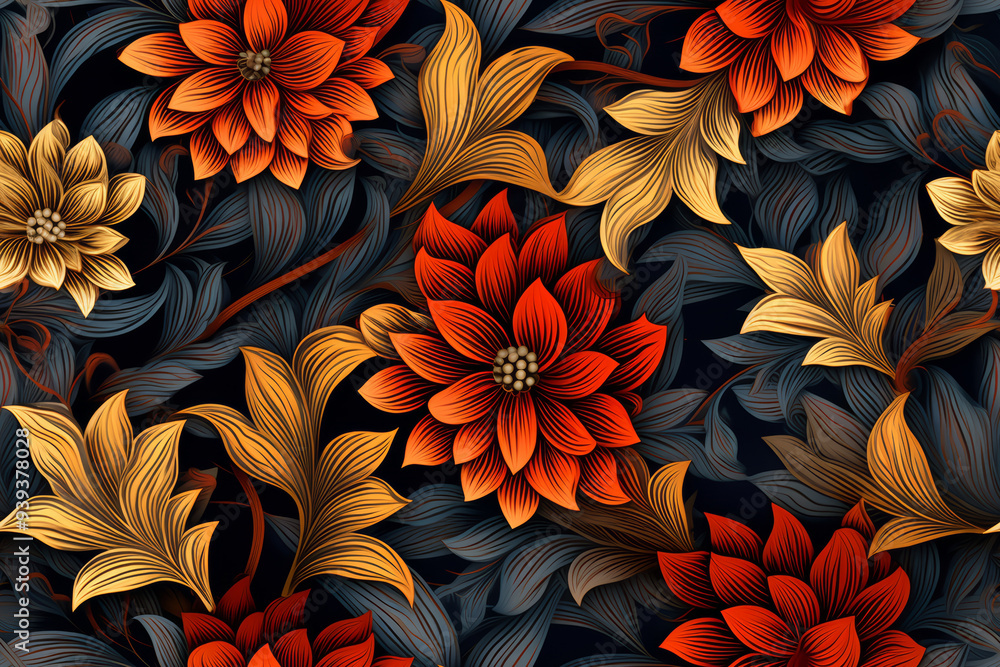 A seamless pattern featuring orange and gold flowers with intricate leaves on a dark background. A seamless pattern featuring orange and gold flowers with intricate leaves on a dark background.
