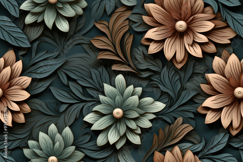 A seamless pattern of 3D flowers in blue and brown tones, set against a dark blue background. The flowers have a raised, textured look.