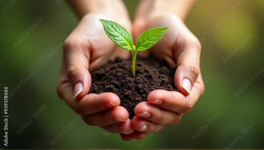 Hands gently cradling a small seedling with fresh green leaves, symbolizing growth Hands gently cradling a small seedling with fresh green leaves, symbolizing growth
