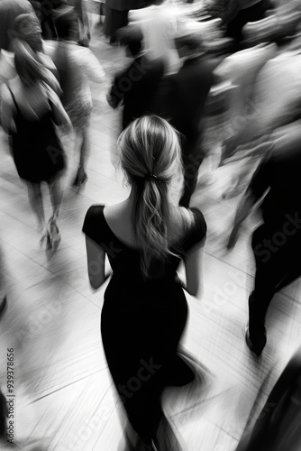 Blurred image of a woman in black dress in a crowd of moving people. Black and white image of a woman in a crowd with motion blur and high grain.