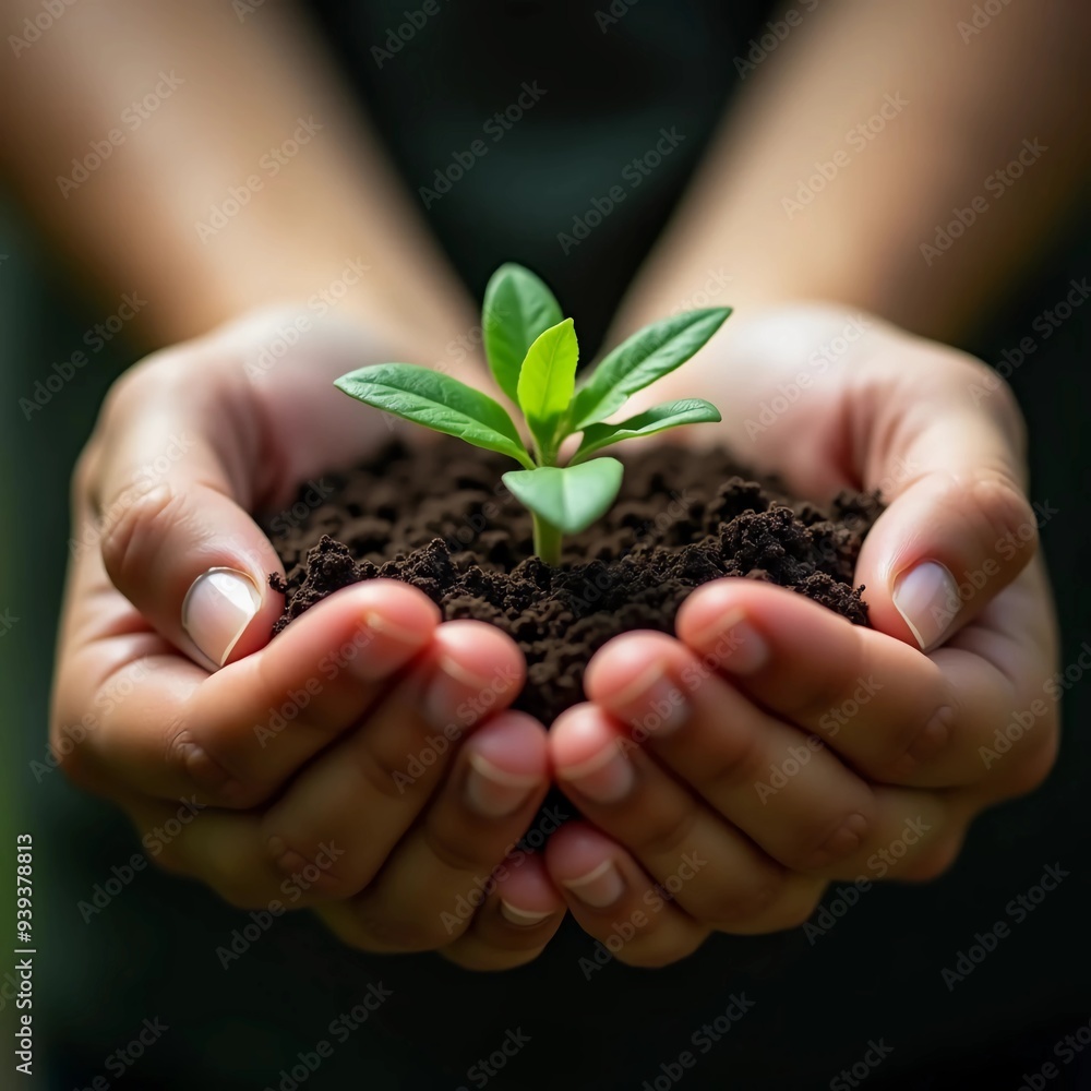 Hands gently cradling a small seedling with fresh green leaves, symbolizing growth Hands gently cradling a small seedling with fresh green leaves, symbolizing growth
