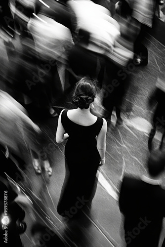 Blurred image of a woman in black dress in a crowd of moving people. Black and white image of a woman in a crowd with motion blur and high grain.