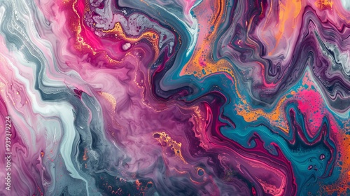 An eye-catching abstract marbling artwork featuring vibrant hues of pink, purple, orange, and blue with dynamic swirling patterns.