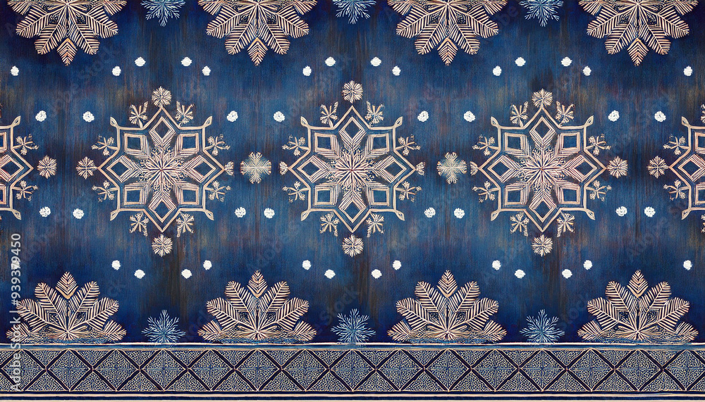 A blue and white patterned rug with snowflakes on it A blue and white patterned rug with snowflakes on it