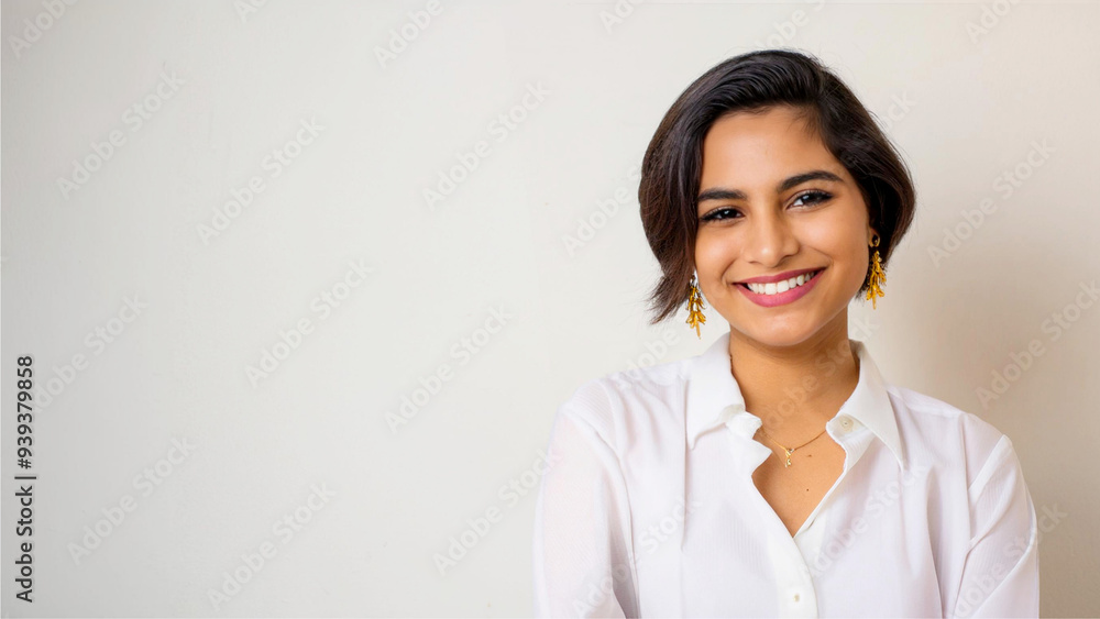 Portrait of an Arab female business professional with short hair, against a white wall Portrait of an Arab female business professional with short hair, against a white wall