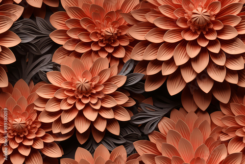 A seamless pattern of coral-colored paper flowers with grey paper leaves.