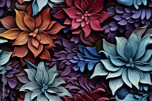 A seamless pattern of colorful 3D paper flowers with a dark background.