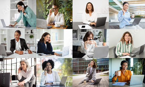 A varied group of women interacts with technology while working remotely, showcasing their dedication and professional engagement. Some are on phone calls, others focus on their laptops