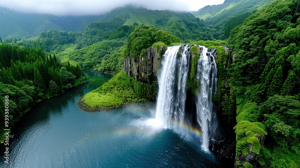 Fototapeta premium Scenic waterfall plunging into a pristine lake surrounded by lush, vibrant greenery and mountains with misty clouds above.